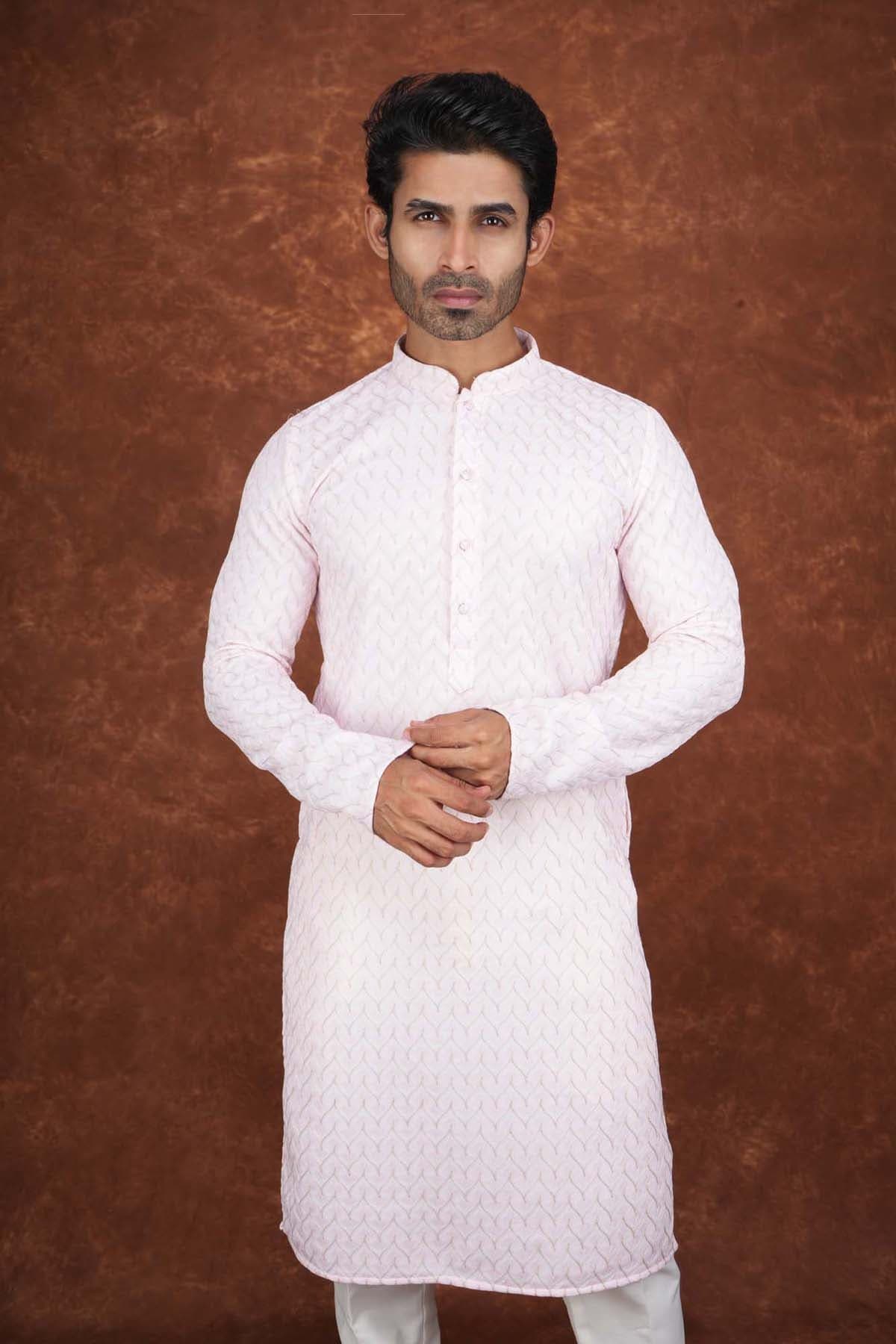 Men’s Premium Embroidered Kurta Pajama Set | Ethnic Wedding & Festive Wear for Men 2104 Light Pink