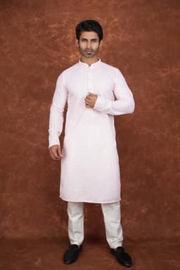 Men’s Premium Embroidered Kurta Pajama Set | Ethnic Wedding & Festive Wear for Men 2104 Light Pink