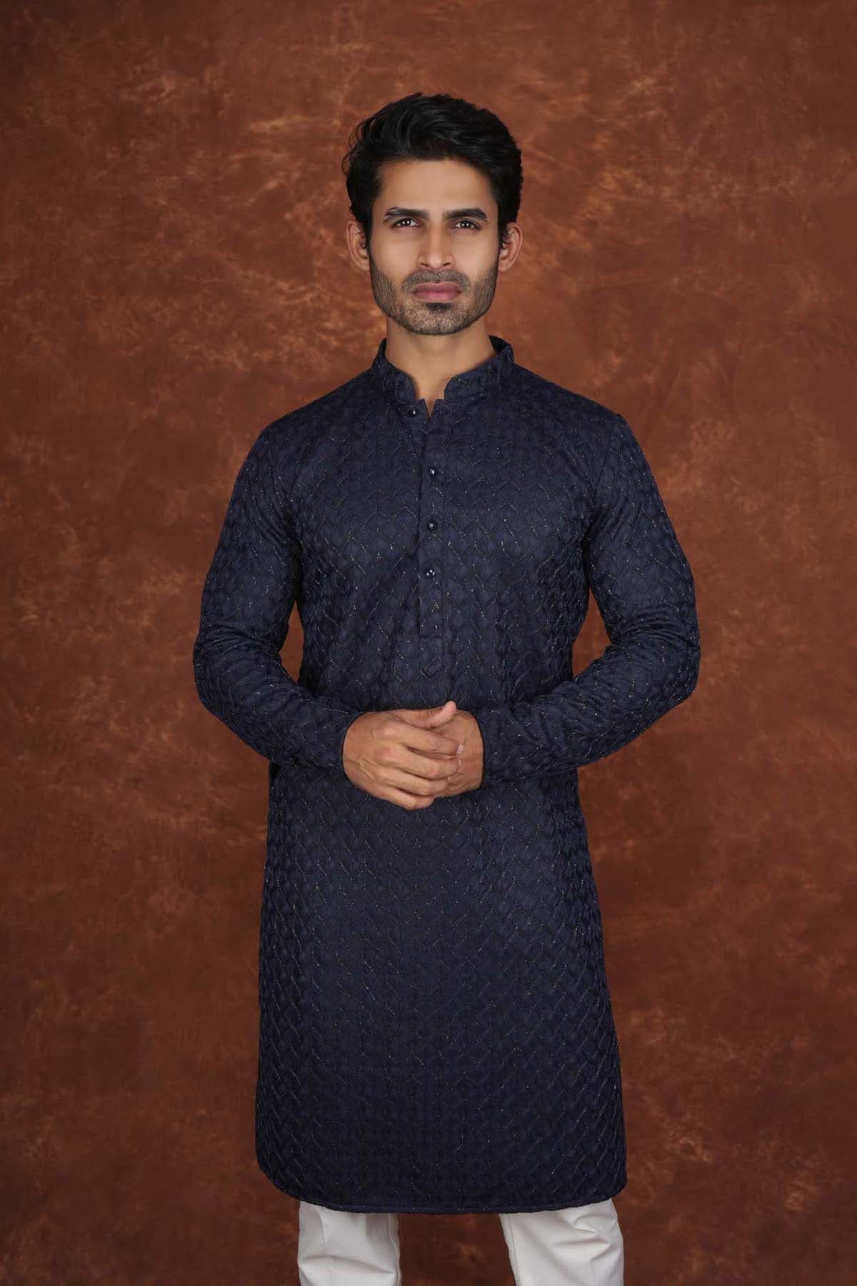 Men’s Premium Embroidered Kurta Pajama Set | Ethnic Wedding & Festive Wear for Men 2104 Navy Blue