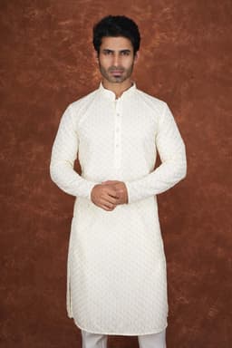 Men’s Premium Embroidered Kurta Pajama Set | Ethnic Wedding & Festive Wear for Men 2104 Off White
