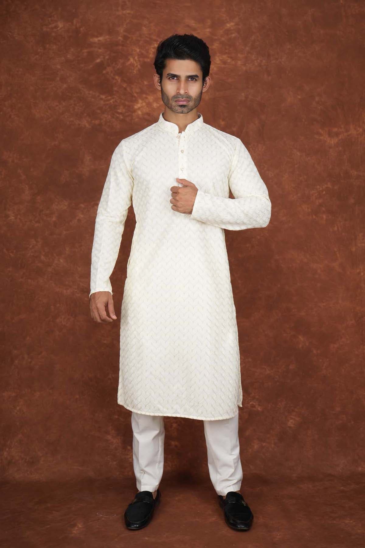 Men’s Premium Embroidered Kurta Pajama Set | Ethnic Wedding & Festive Wear for Men 2104 Off White