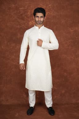 Men’s Premium Embroidered Kurta Pajama Set | Ethnic Wedding & Festive Wear for Men 2104 Off White