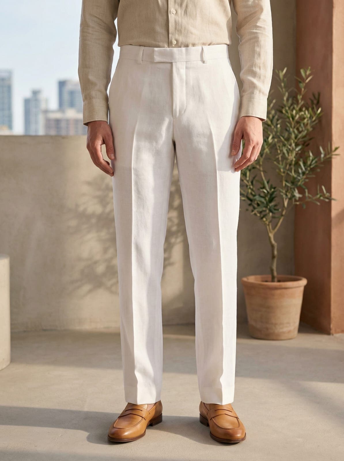 Men’s Linen Cotton Dress Pants – Elegant Full Length Formal Trousers White
